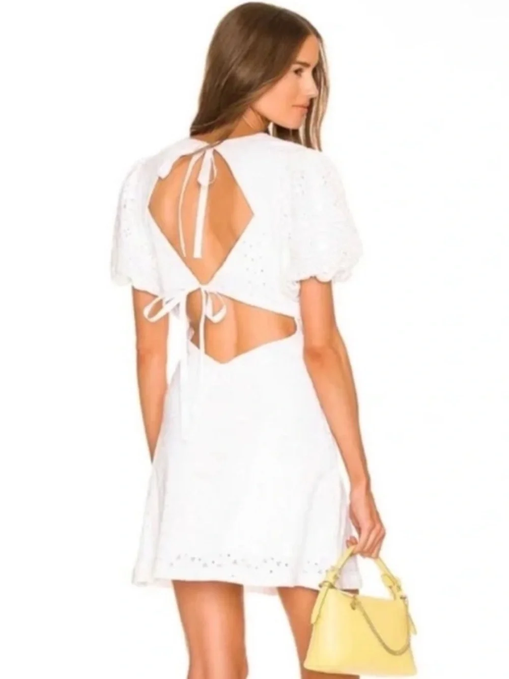 Free People Apricot Rose Mini Dress Eyelet Embroidered Lace Puff Sleeve White L - Picture 1 of 11